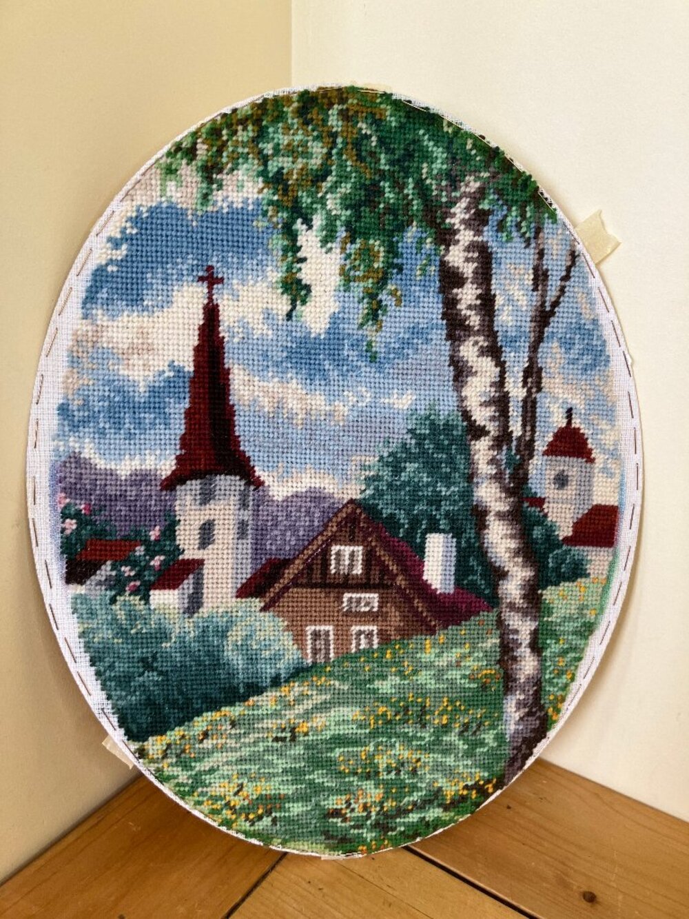 Charm of Spring Vintage Village Church Completed Needlepoint Hand Embroidery